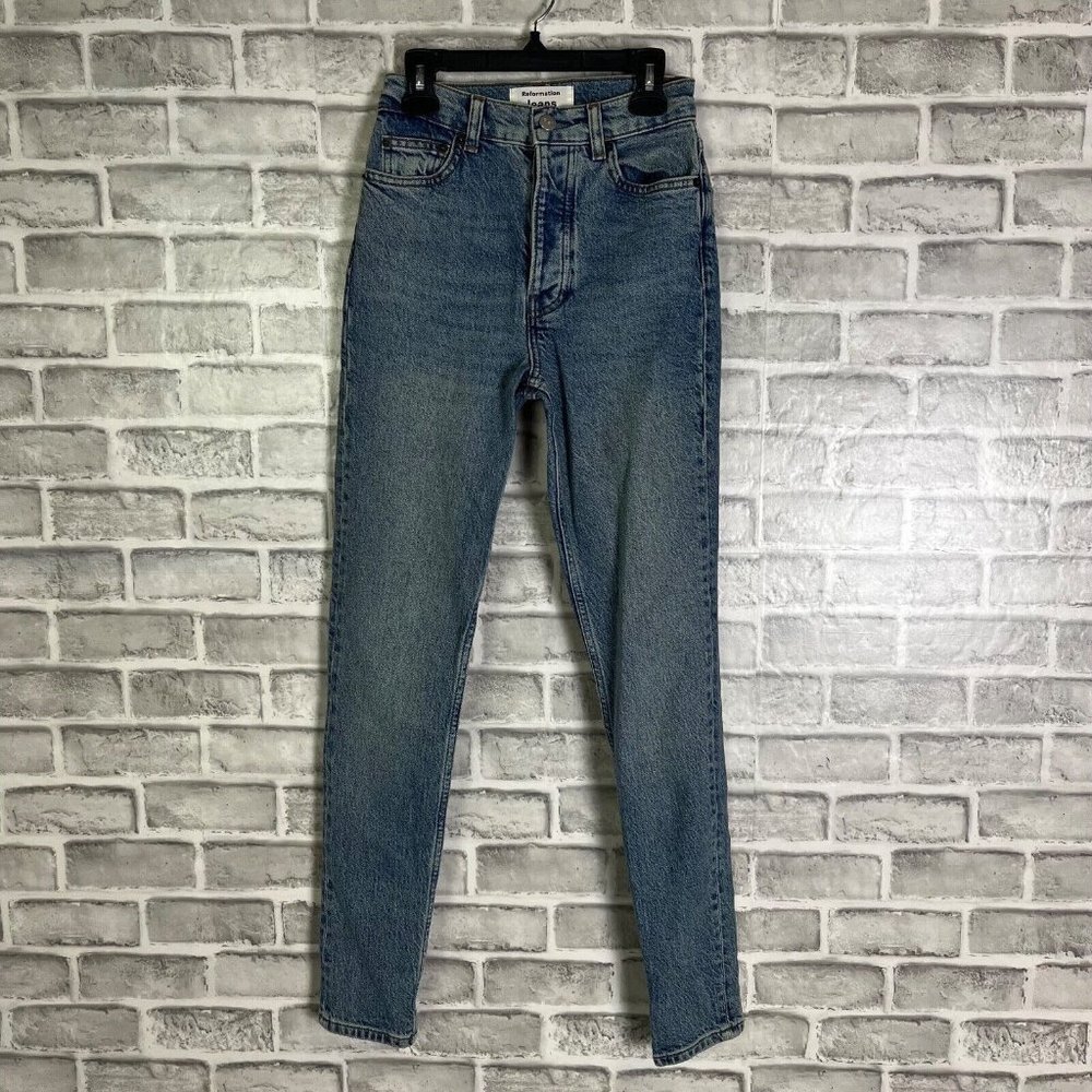 Reformation Jeans Cynthia High Rise Straight Button Fly Blue Denim Womens 23x29